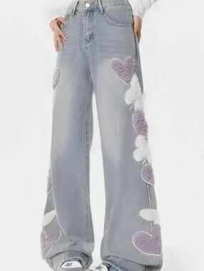 Soft Girl Fluffy Heart Jeans
